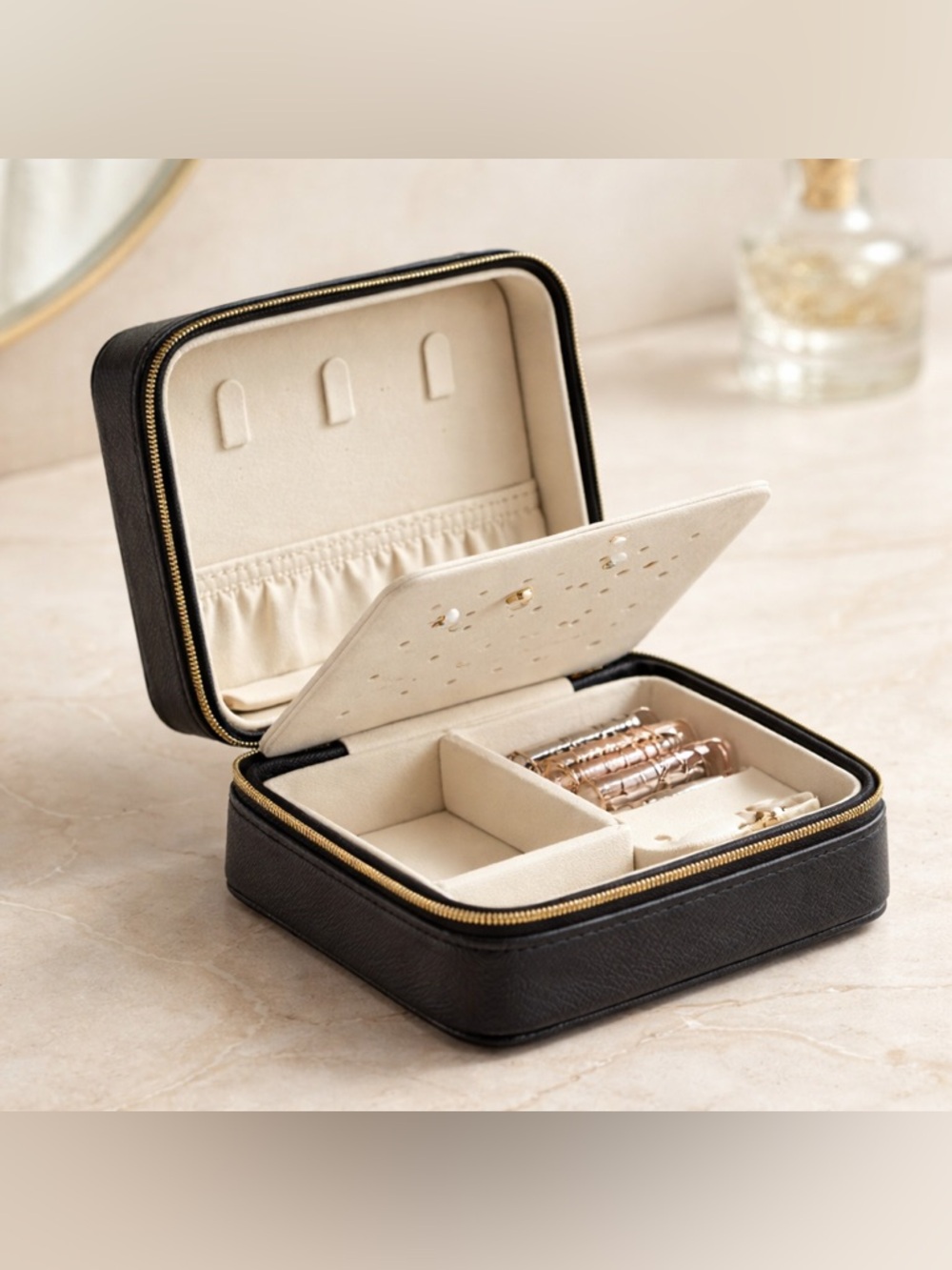 GC Nordstrom initial charm Black zip around jewelry case